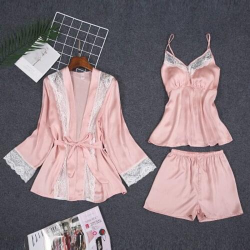MECHCITIZ 3 Pieces Women Pajamas Sets with Chest Pad Silk Sexy Bathrobe Satin Sleepwear Lace Summer Pyjama Femme Home Wear Robes