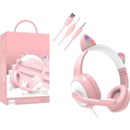 G19 Pink Cat Ear Cute Girl Gaming Headset With Mic Noise Reduction HiFi Stereo Music RGB Flash Light Kid Girl Wired Headphone