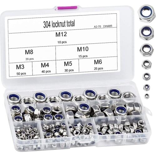 JFBL Hot 190 Pcs Hex Lock Nut Nylon Insert Nuts Set Size M3 M4 M5 M6 M8 M10 M12 Stainless Steel Nylon-Insert Hex Nut