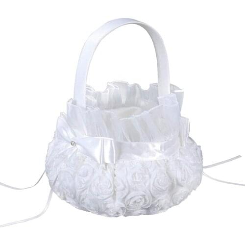 LUDA Silk Flower Girl Baskets For Weddings Wedding Flower Basket With Handle White Ceremony Party Decor