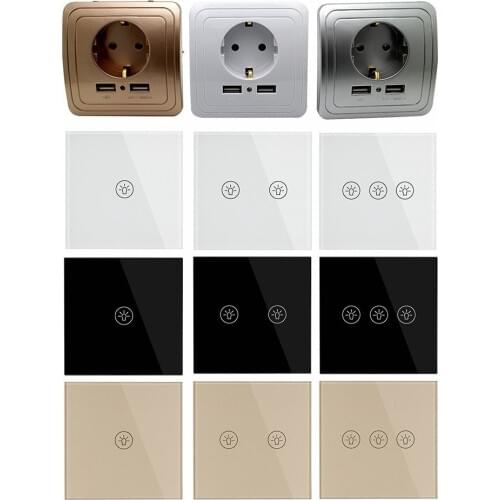 Smart Home Wall Touch Switch Eu/uk And Eu Stanard Plug Socket Dual Usb Switches Crystal Glass 1 2 3 Gang 1 Way For Wall