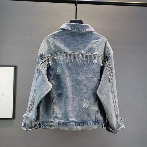 2020 new Ladies Jeans Jackets tide Heavy Industry Rhinestone Tassel Hole Denim Jacket Coat Womens large size loose jacket