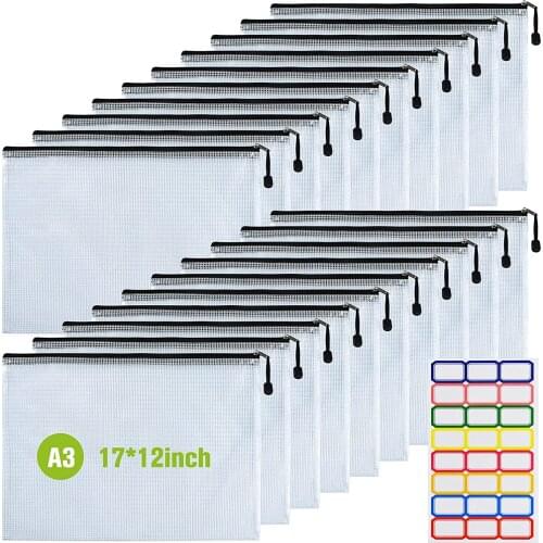 Plastic mesh zipper file bag, 20 waterproof and tear resistant file folders, A3 size zipper bag