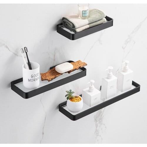 Bathroom Shower Shelf Glass Rack Organizer Holder Rectangle Tier Shampo Mirror Front Rack Wall Mount Shelf Bathroom Hardware