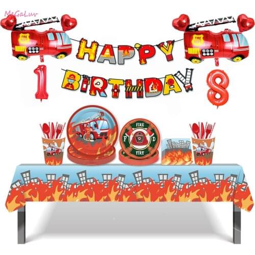 Fire Truck Theme Disposable Tableware Kids Birthday Party Paper Plate Cup Napkin Fireman Boy Baby Shower Party Decor Supplies
