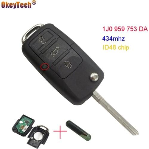 OkeyTech Remote Key for VW Volkswagen Golf MK4 Bora Polo Passat Skoda Seat 3 Buttons Flip Fold Car Key Fob Cover ID48 434mhz
