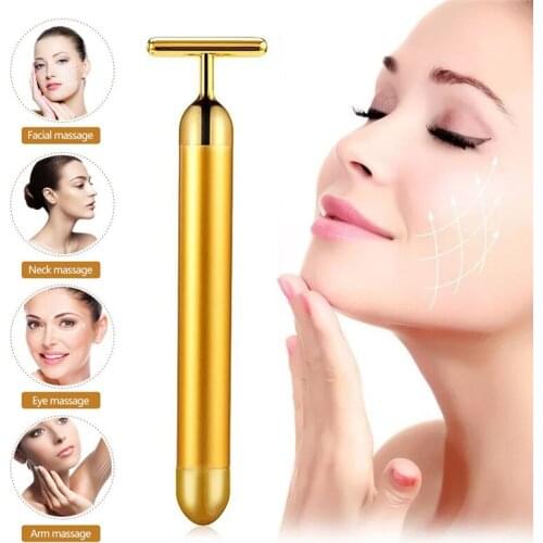 24k Gold Face Lift Bar Roller Vibration Slimming Massager Facial Stick Facial Beauty Skin Care T Shaped Vibrating Tool