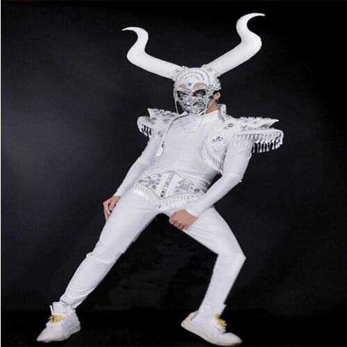 CC97 Singer stage show outfit men ballroom dance costumes dj hearwear skull mask party performance dress clothe bar armor robot