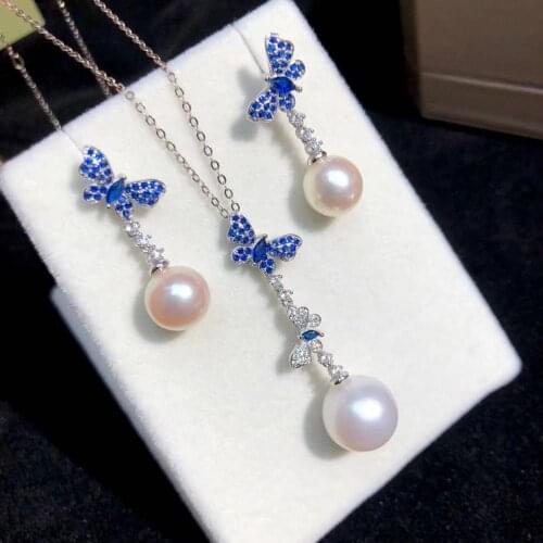 Blue Butterfly 925 Sterling Silver Pendant Earrings Mountings Findings Base Jewelry Set Settings Parts for Pearls Beads Crystal