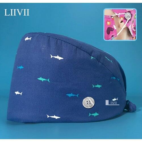 Multicolor 100% Cotton Pet Clinic Cap Cartoon Print Scrubs Women Hats with Button Breathable Surgical Scrub Cap Wholesale Prices