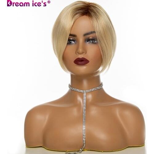 Synthetic Short Straight Hair Blend Wigs WomenS Bob Style 30% real hair Pixie Cut Dark Root Blonde Wig for Women