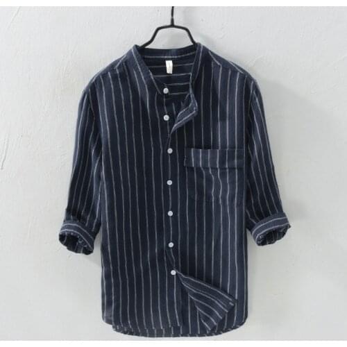 Striped Cotton Linen Casual Shirt Men Short Sleeve Mandarin Collar Slim Fit Men Shirt Summer Social Business Shirt Male TS-405