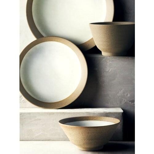 Japanese Style Handmade Stoneware Dining Bowl Plate Set Household Retro Tableware Simple Noodle Bowl Rice Bowl Microwaveable