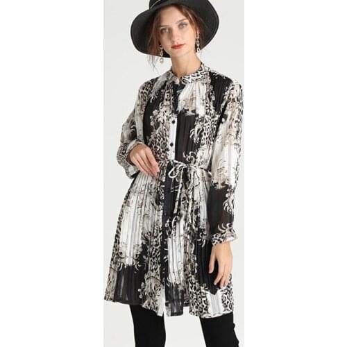 2021Spring Printed Long Chiffon Shirt long sleeves Wrinkled pleated loose Fit tops stand collar waist belt Fashion women blouse