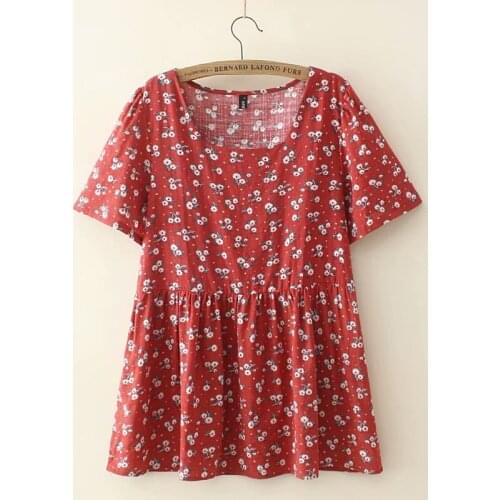 Women tunic plus size 2021 Casual Summer women tops square collar Short sleeve cotton print loose Woman T-shirts red green white