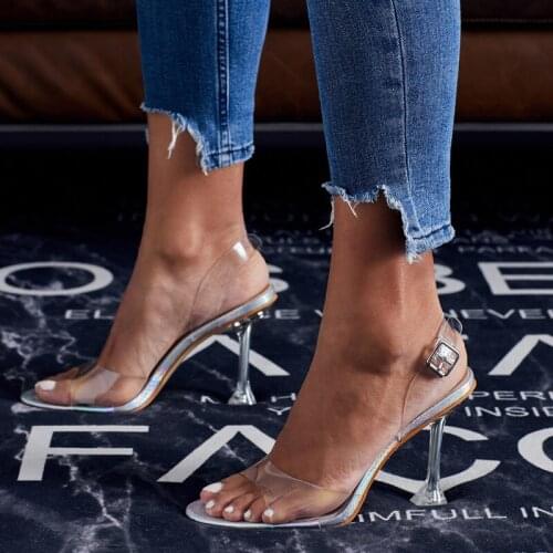 Women sandals PVC Buckle Strap 11cm Thin Heels High heels Pointed Toe Shallow women shoes sandalias mujer 2020 size 35-42