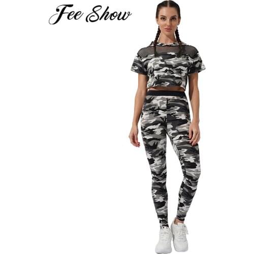 Women Yoga Sport Running Sets Camouflage Sportswear Summer Clothes for Fitness Suit Hoodies Top with Leggings Casual Sport Suits