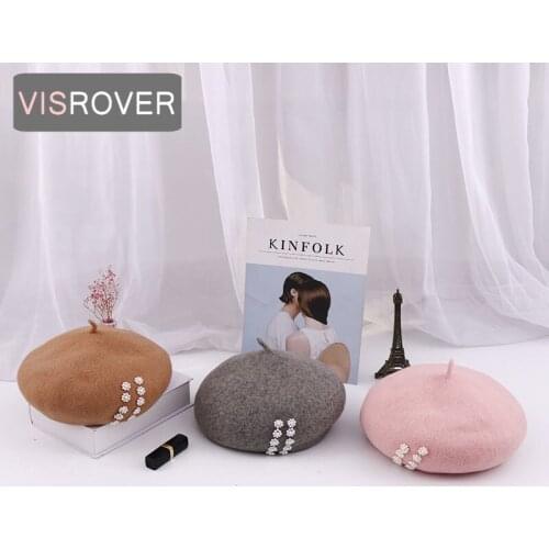VISROVER New Unisex Black 100% Wool Winter Beret Solid Pearls Autumn Hat Winter Cap Spring Punk Beret Hat Grey Beret Wholesale