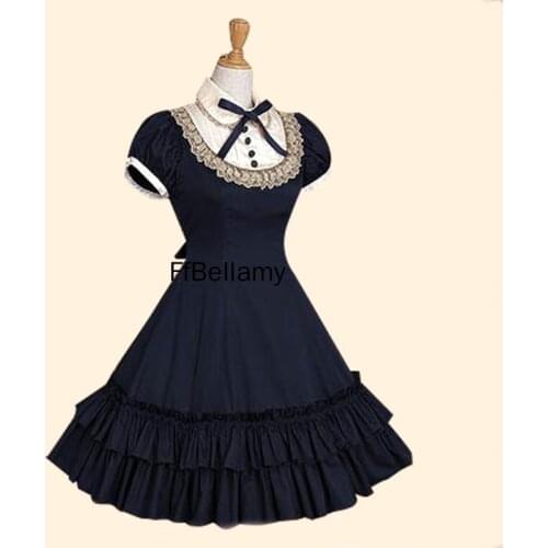 Princess Gothic Lolita School Ruffle Dress Womens Girls' Lace Cotton Bow Tie Vintage Slim Short Sleeve Dress