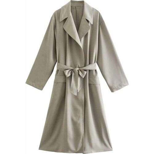 Black Gray Long Sleeve Lapel Collar Coat Casual Classic Office Lady Flap Pockets Lace-Up Belt Za Woman 2021 Spring Autumn Chic