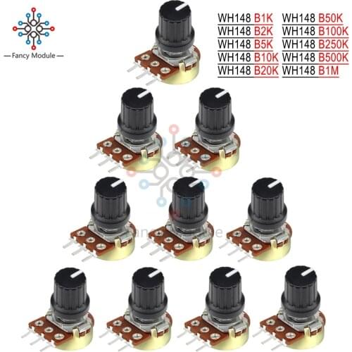 10PCS Potentiometer Resistor 1K 5K 10K 20K 50K 100K 500K Ohm 3 Pin Linear Taper Rotary Potentiometer for Arduino with Cap