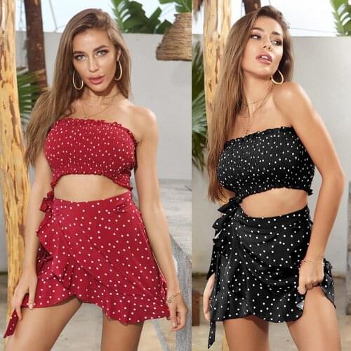 2021 Summer Womens Fashion Sexy Polka Dot Pit Bar Slash Neck Off Shoulder Sleeveless Crop Tops Lace Up Mini Dress Lady Bodycon