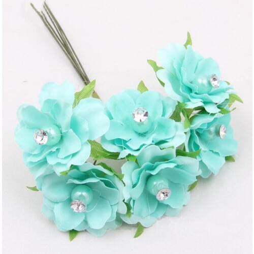 60PCS,3cm-3.5cm Head,Small Fabric Plum Blossom Bouquet Artificial Silk Roses,Crystal Stamen,Bridal Hair Wreaths,Bracelet Corsage