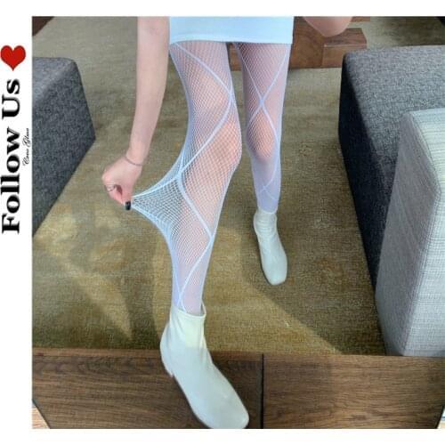 Lolita Kawaii Woman Womens Stockings Summer 2021 Sexy Black White Rhombus Breathable Mesh Tights Gothic Lori Fishnet Stockings