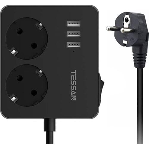 TESSAN EU USB Socket with 2 AC Outlets, 3 USB Ports and Switch 1.5 Meters Cable Portable Power Strip with Overcurrent Protection
