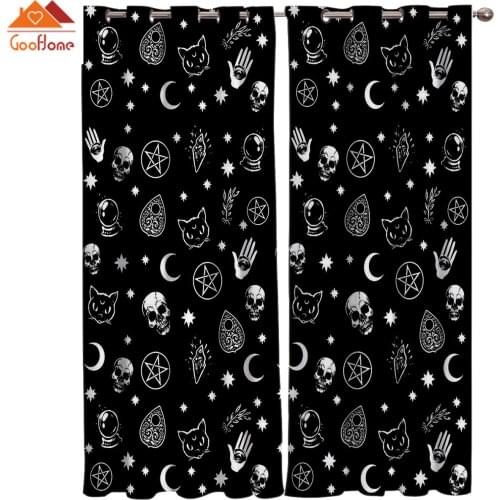 Halloween Black Witch Skull Moon Divination Window Curtains Living Room Outdoor Fabric Drapes Curtain Home Decor