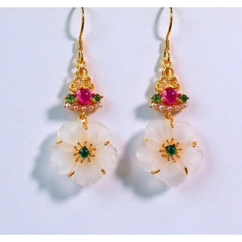 Natural Hetian Jade Flower Tourmaline Earrings S925 Sterling Silver Ruyi Earrings Ethnic Style Palace Temperament Ornament