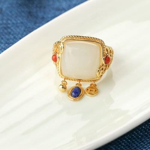 S925 Sterling Silver Hetian Jade Gold Plated Ring Fine Jewelry for Women Agate Lapis Lazuli Open Rings Ethnic Vintage Party Gift