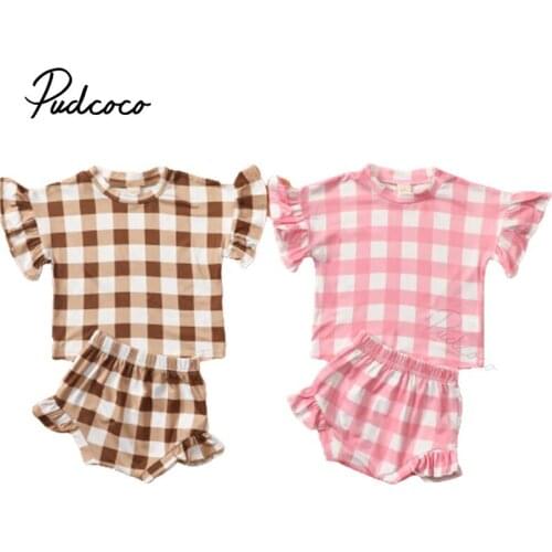 2 Pcs Newborn Plaid Outfits, Toddler Summer Ruffle Sleeve Round Neck T-shirt + Shorts