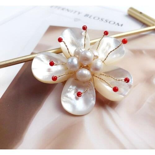 LJHMY Cherry Baroque Gold Pin White Shell Flower Natural Pearl Carnelian Stone Brooch Women