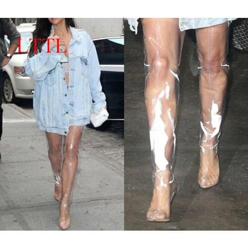 LTTL 2017 Clear PVC Transparent Pointed Toe Women Boots Perspex High Heels Thigh High Boots Celebrity Shoes