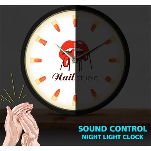 Nail Salon Studio Manicure Polished Sound Activated Light Emitting Wall Clock Beauty Salon Different Nail Shapes LED Lighting