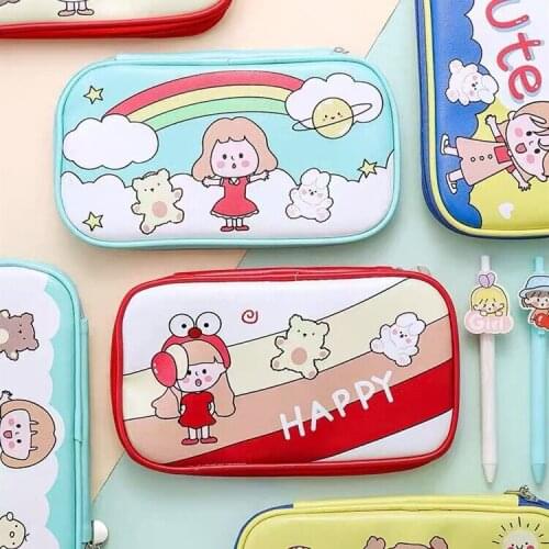 Cute Large Capacity PU Leather Pencilcase Waterproof Pencil Bag Desktop Storage Bag Pencil Pouch Kawaii School Stationery