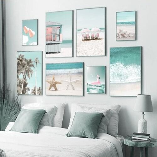 Starfish Conch Palm Trees Umbrellas Waves Wall Art Canvas Painting Nordic Posters And Prints Wall Pictures For Living Room Decor