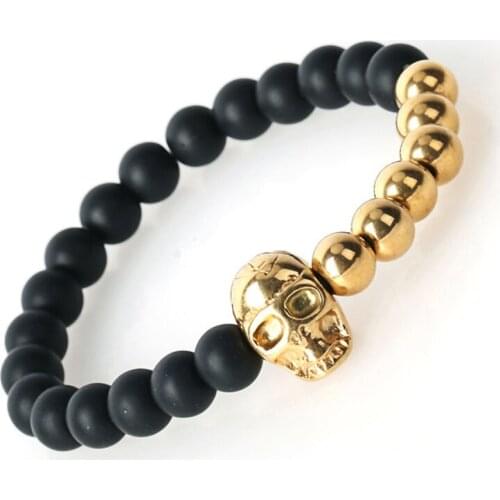 North Skull Bracelet Mens 8mm Black Stone Beads Elastic Bracelet Bangle Stainless Steel Northskull Bracelet For Men IB-144