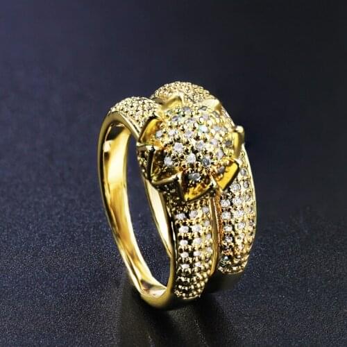 Newranos 2pcs/Set Couple Rings Set Gold Color Engagement Double Cubic Zirconia Ring Sets for Couple Wedding Jewelry R010GY1322