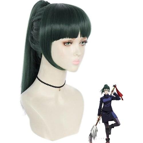 Anime Jujutsu Kaisen Maki Zenin Dark Green Ponytail Wig Cosplay Costume Heat Resistant Synthetic Hair Women Wigs