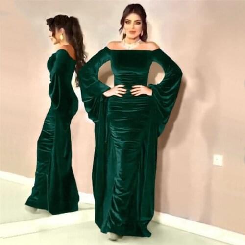 Mermaid Evening Dresses Morocco Kaftan Boat Neck Long Sleeves Mermaid Burgundy Green Muslim Prom Gown Formal Arabic Party Dress