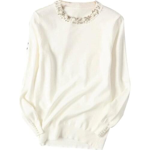 Casual Women Autumn Winter Solid Color Beads Decor Neck Loose Knitwear Sweater