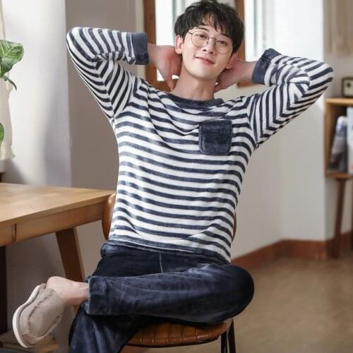 Plus Size M L XL 2XL 3XL Nightwear Long Sleeve Winter Thicken Warm Flannel Pajamas Sets Sleepwear Long Pants Male Men Pyjama Set