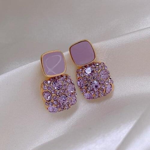S925 Silver Needle Purple Retro Square Rhinestone Dripping Oil New Trendy Temperament Net Red Earrings Womens Jewelry Brincos