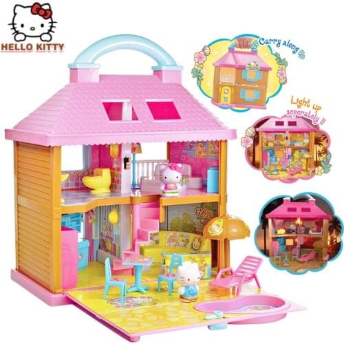 Sanrio Kawaii Hellokittys Doll Seaside Holiday Villa Fun Set Anime Figure Birthday Surprise Educational Toys for Girl Gift 50096