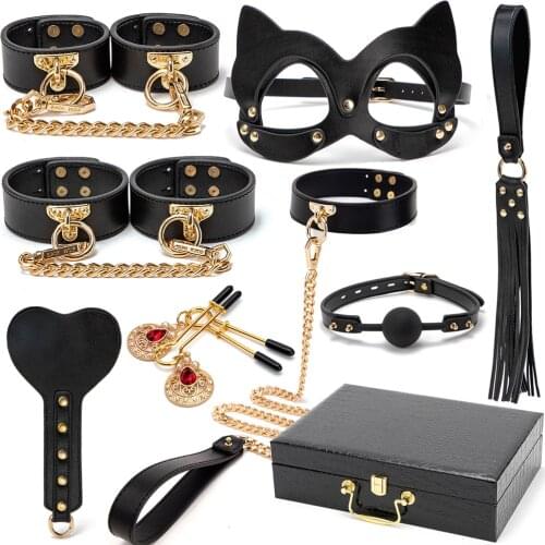 Sex Toys BDSM Bed Bondage Kits Genuine Leather Restraint Set Couples Erotic Handcuffs Collar Gag For Woman Adult Game Man Slave