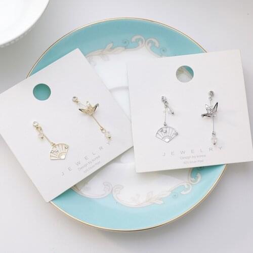 Chinese Style Crane and Fan Rhinestone Long Drop Earrings for Women Metal Asymmetry Statement Dangle Earrings Vintage Jewelry
