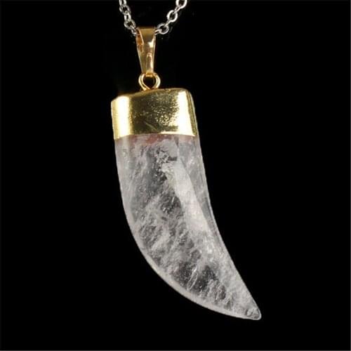 Rock Crystal Jewelry Accessories Boho Natural Semi-Gem Gold Color Tusk OX Horn Tooth Love Powers Chakra Healing Quartz Pendant
