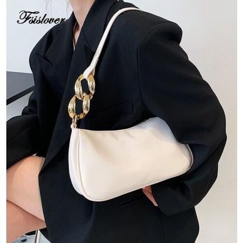 Fashion Solid Color Baguette Bag Handbag For Women 2021Metal Chain Ladies Small Shoulder Bags Fashion Design Leather Armpit Bag